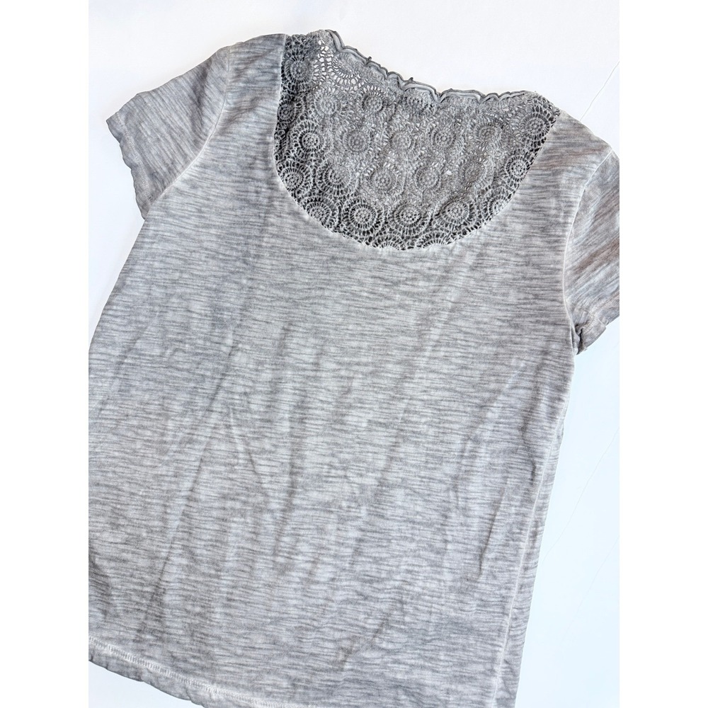 Beach Lunch Lounge T-Shirt Womens Medium Gray Crochet Lace Back Short Sleeve - Picture 5 of 7